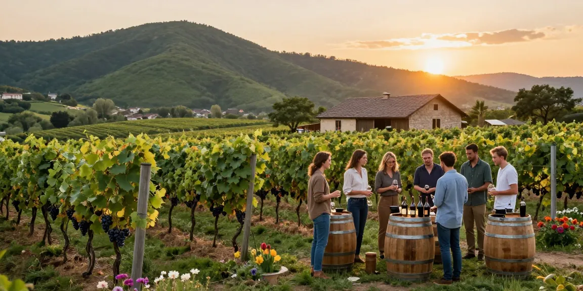 avpwinecollective.com aspiring winemakers collaborating amidst a picturesque vineyard at sunset.