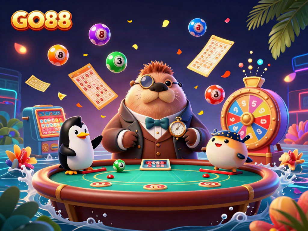 GO88 casino scene with a jolly walrus at a poker table amidst colorful lottery elements.