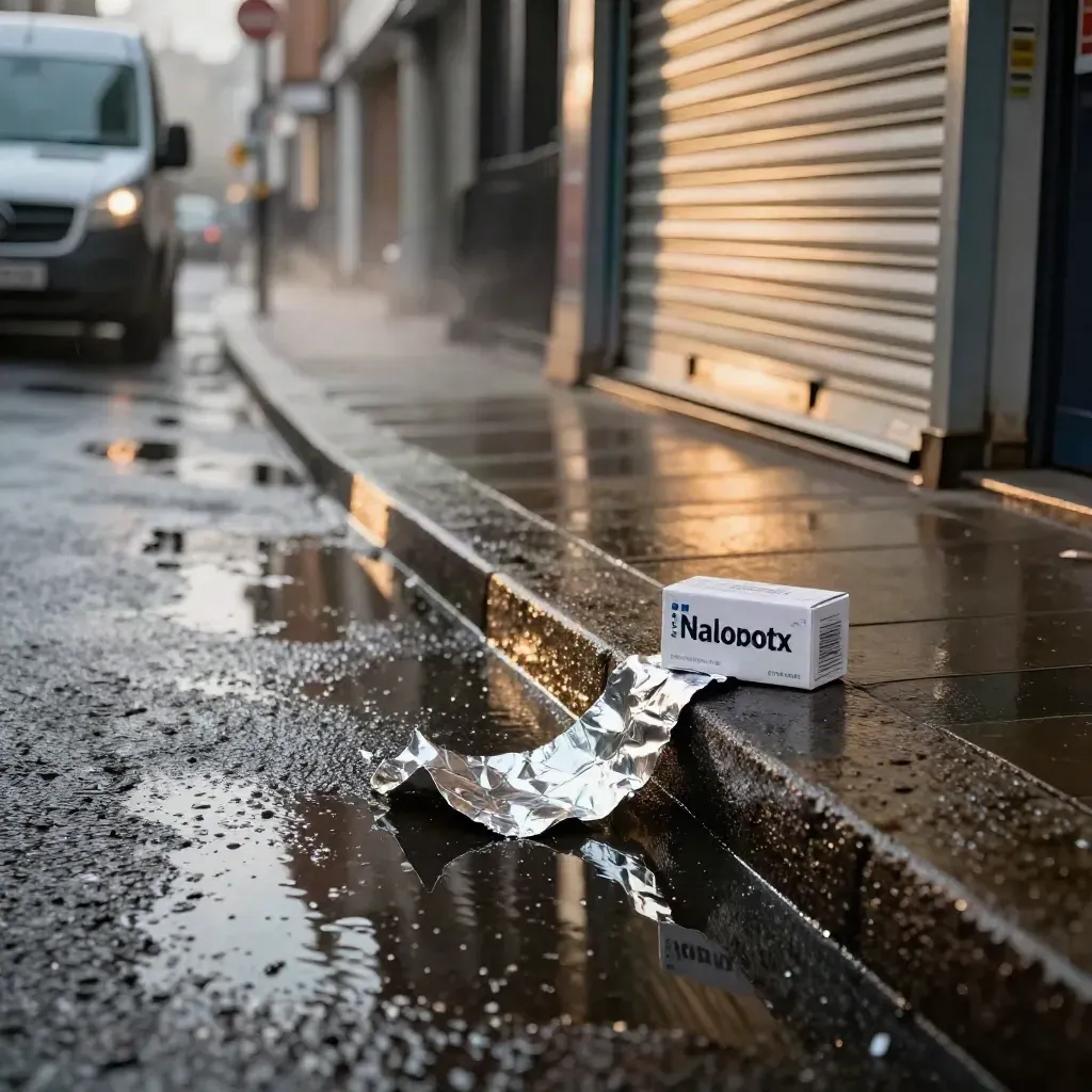 Rainy London curb with foil strip, naloxone box and wet grit beside a pharmacy shutter at night