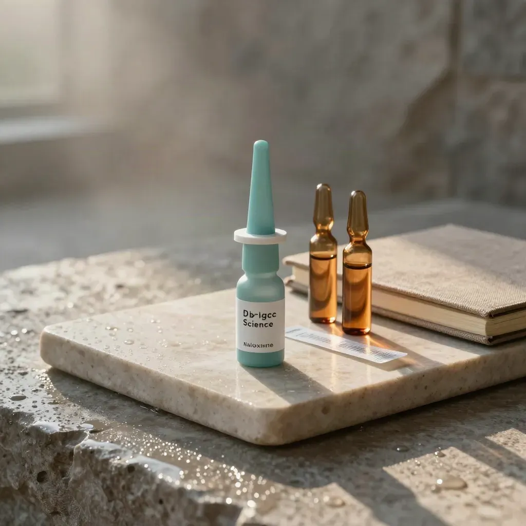 Naloxone spray, amber vials and evidence materials on rain-dark stone in dawn mist