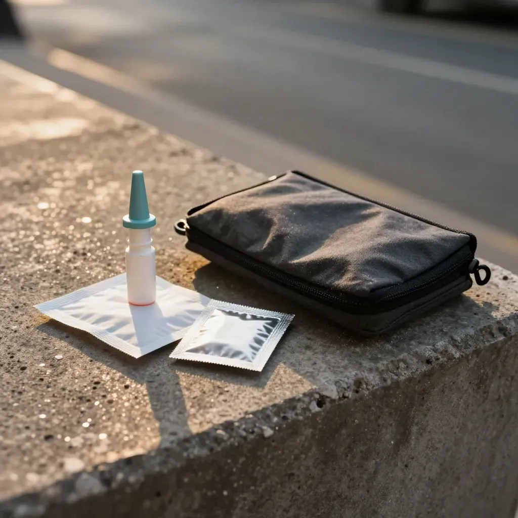 Harm-reduction kit on a concrete ledge in late sun, with wet pavement drying nearby.