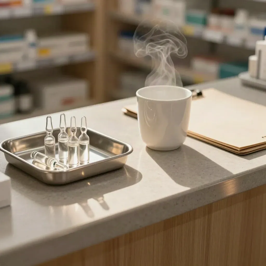 Pharmacy prep counter with ampoules, steam cup, and closed clipboard in warm afternoon light.
