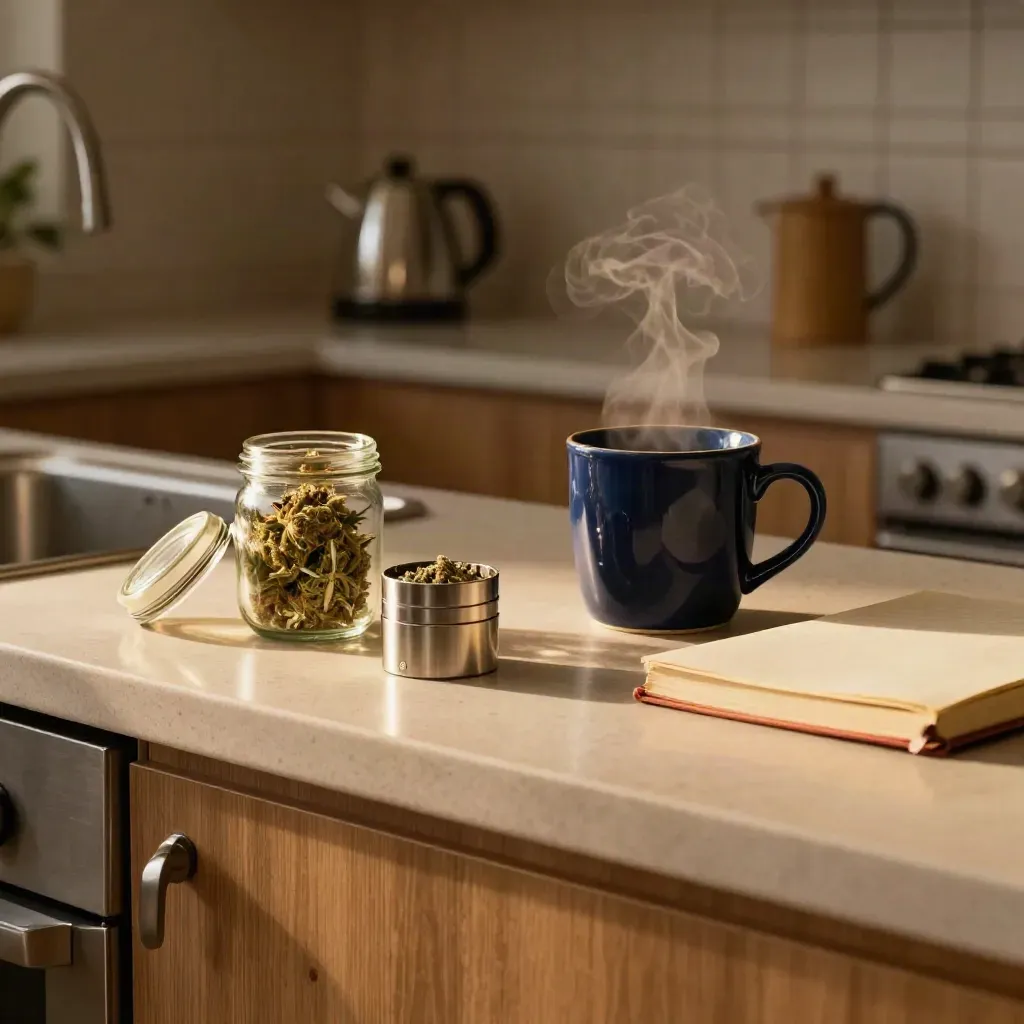 Midnight university kitchen counter with cannabis jar, grinder, steaming mug and notebook under a lamp