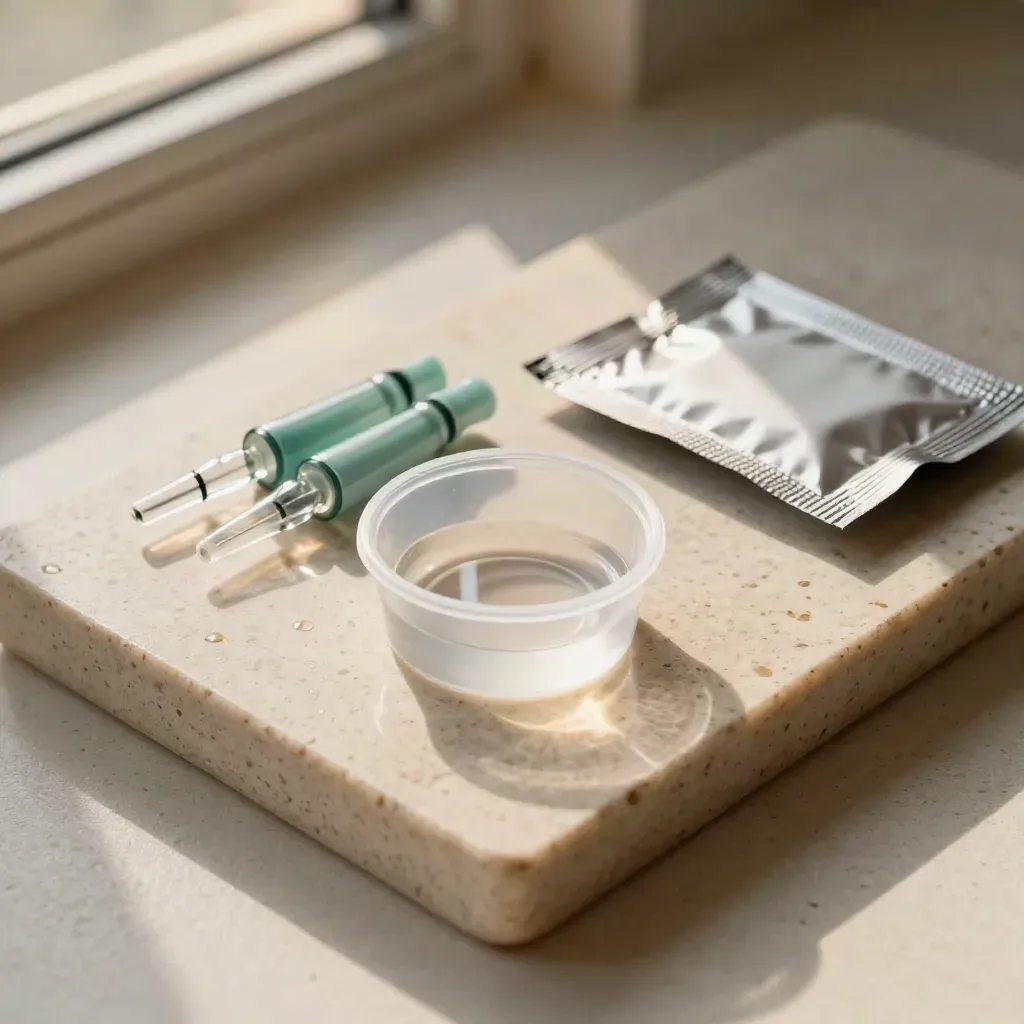 Top-down macro of a drug-checking tray with reagent ampoules, foil packet and settling liquid.