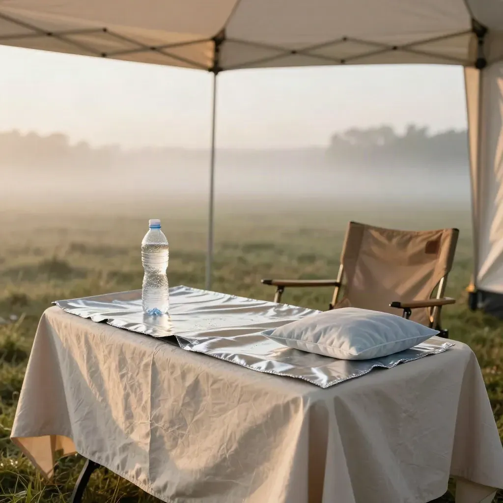 Festival welfare tent supplies in dawn mist: foil blanket, water bottle, cold pack, canvas chair.