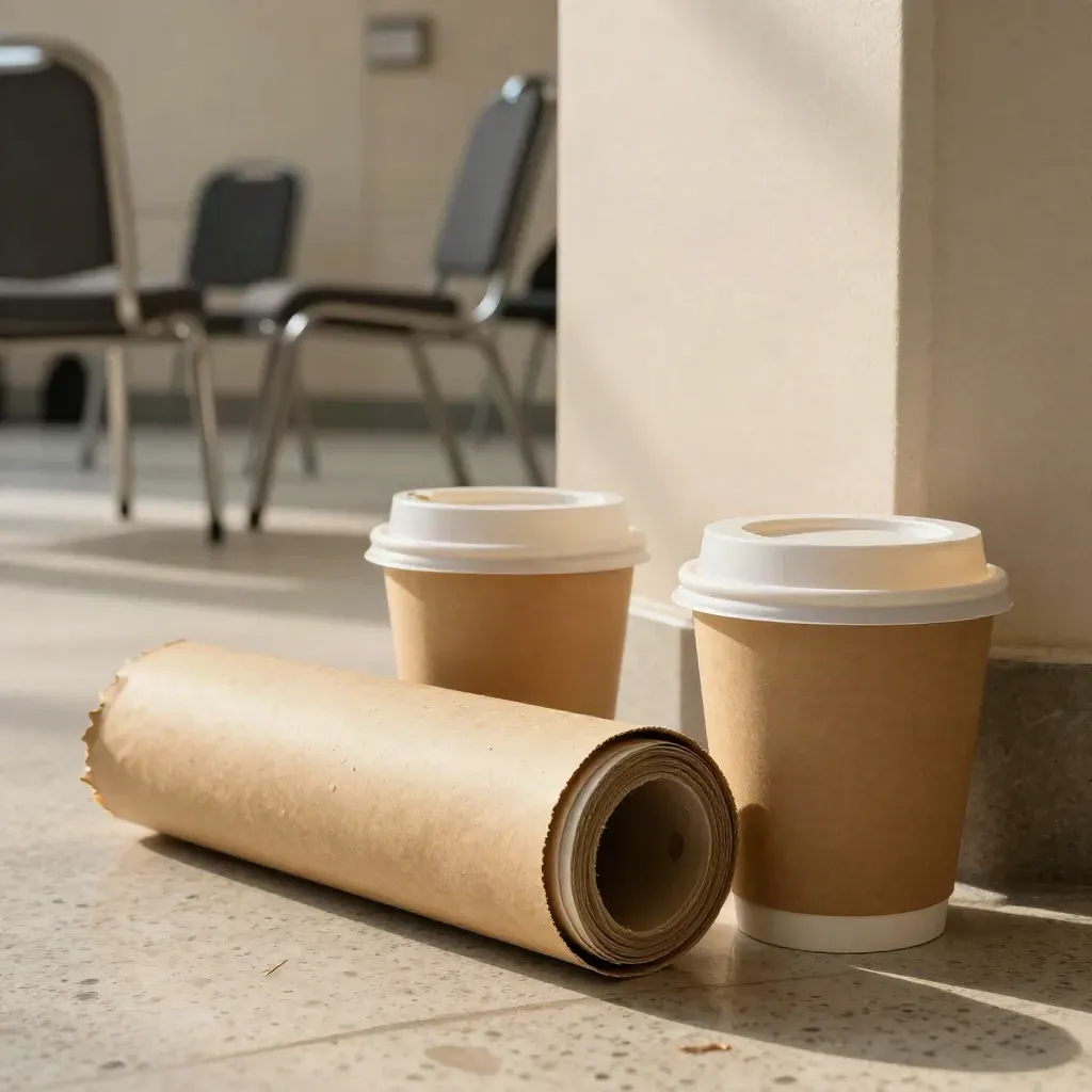 Macro of poster tubes, cups and stacked chairs in a clearing conference foyer.