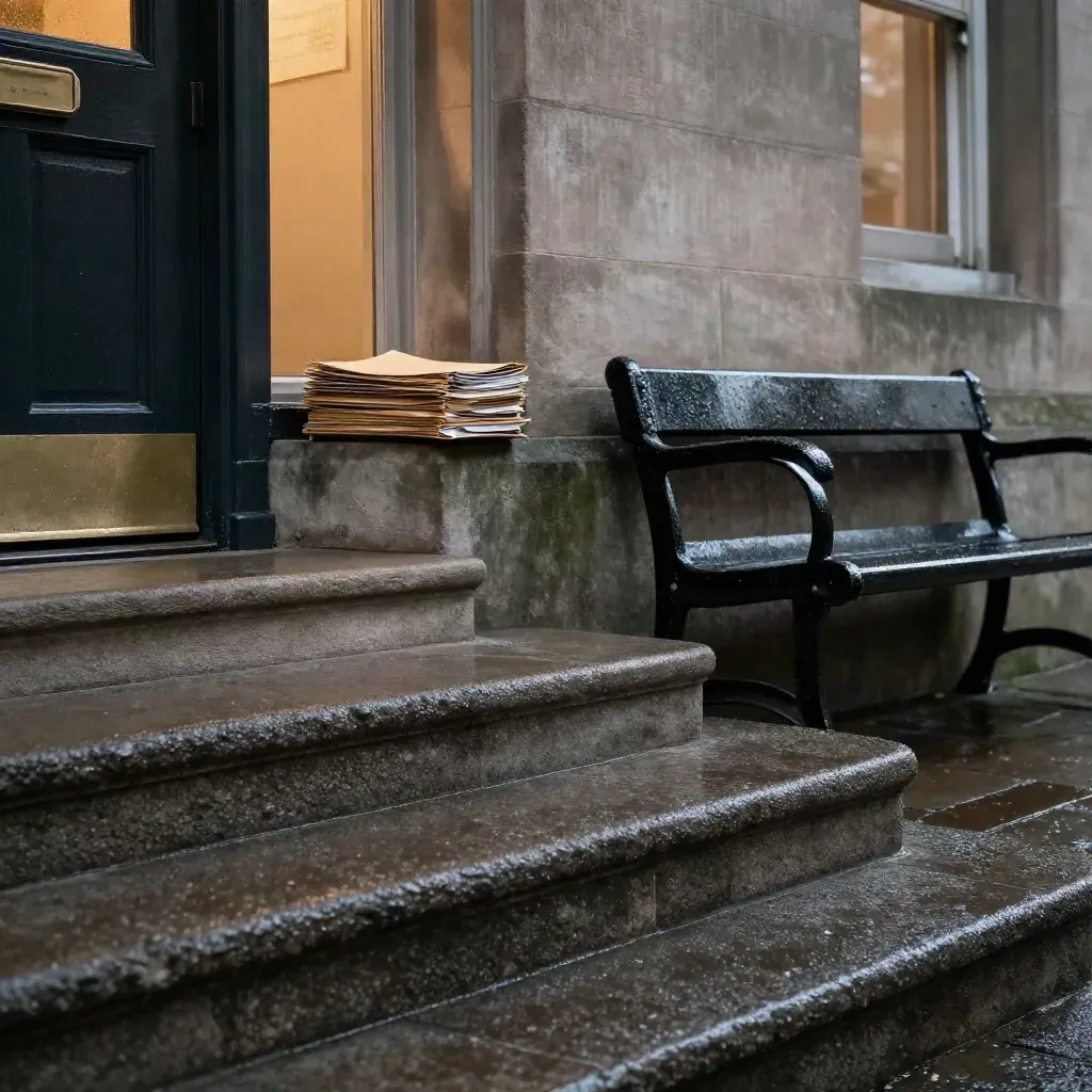 Rain-darkened courthouse steps with a black bench and sealed case folders in cool mist.