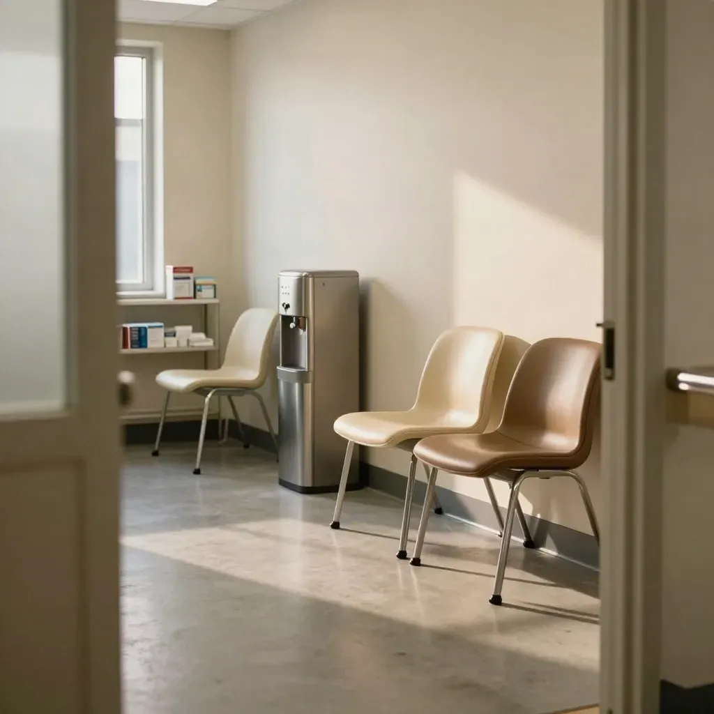 Empty clinic waiting room with chairs, water dispenser and medicine cartons in moody light