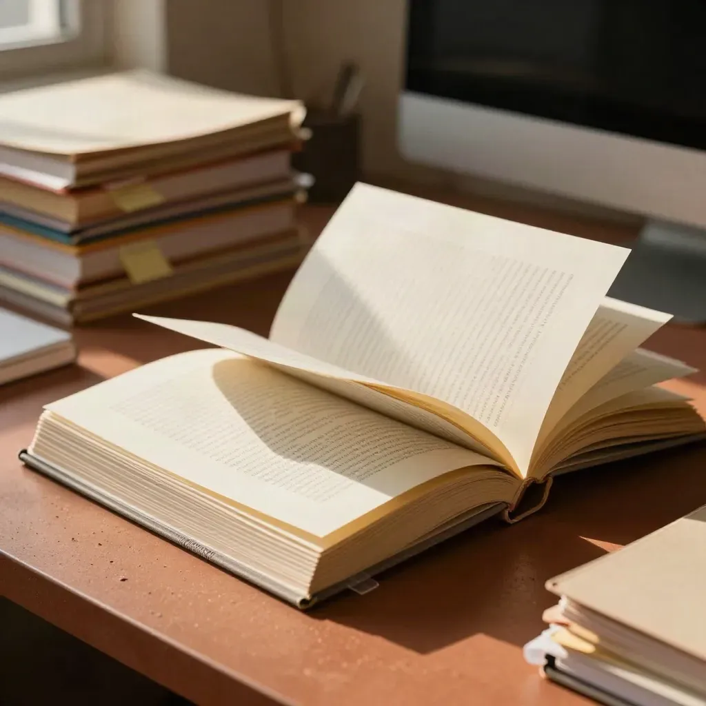 Open journals, source folders and tabs fan out beside a turned monitor in warm window light.