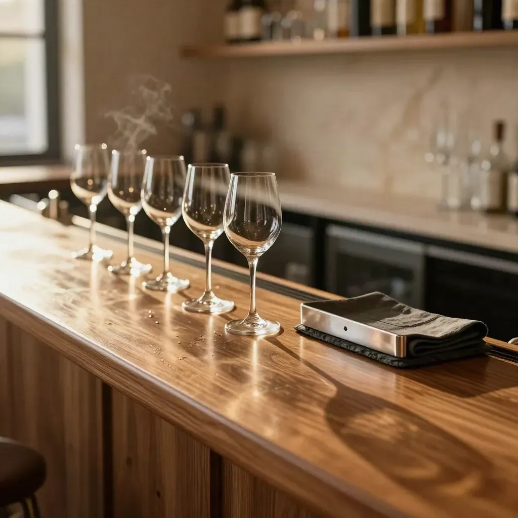 Empty bar counter with upside-down glasses, folded cloth and bottle tray in warm late-night light.