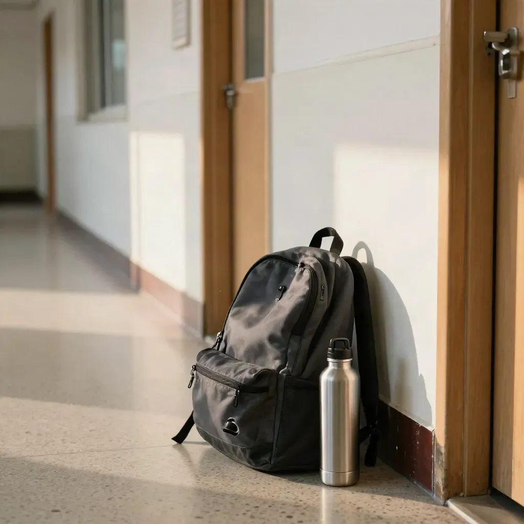 Empty school corridor with backpack, water bottle and blurred counselling-room door in soft daylight.