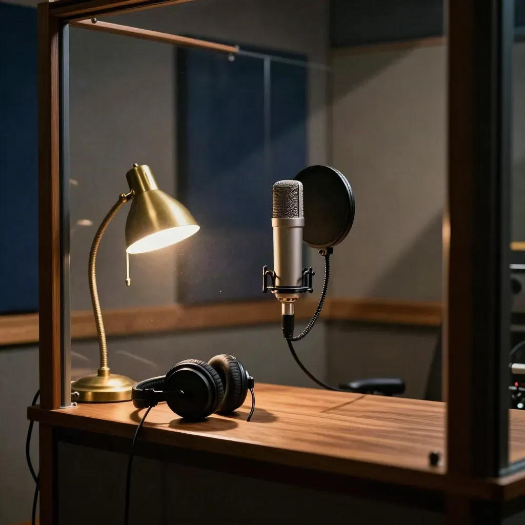 Moody radio booth with microphone, headphones and lamp waiting between answers.