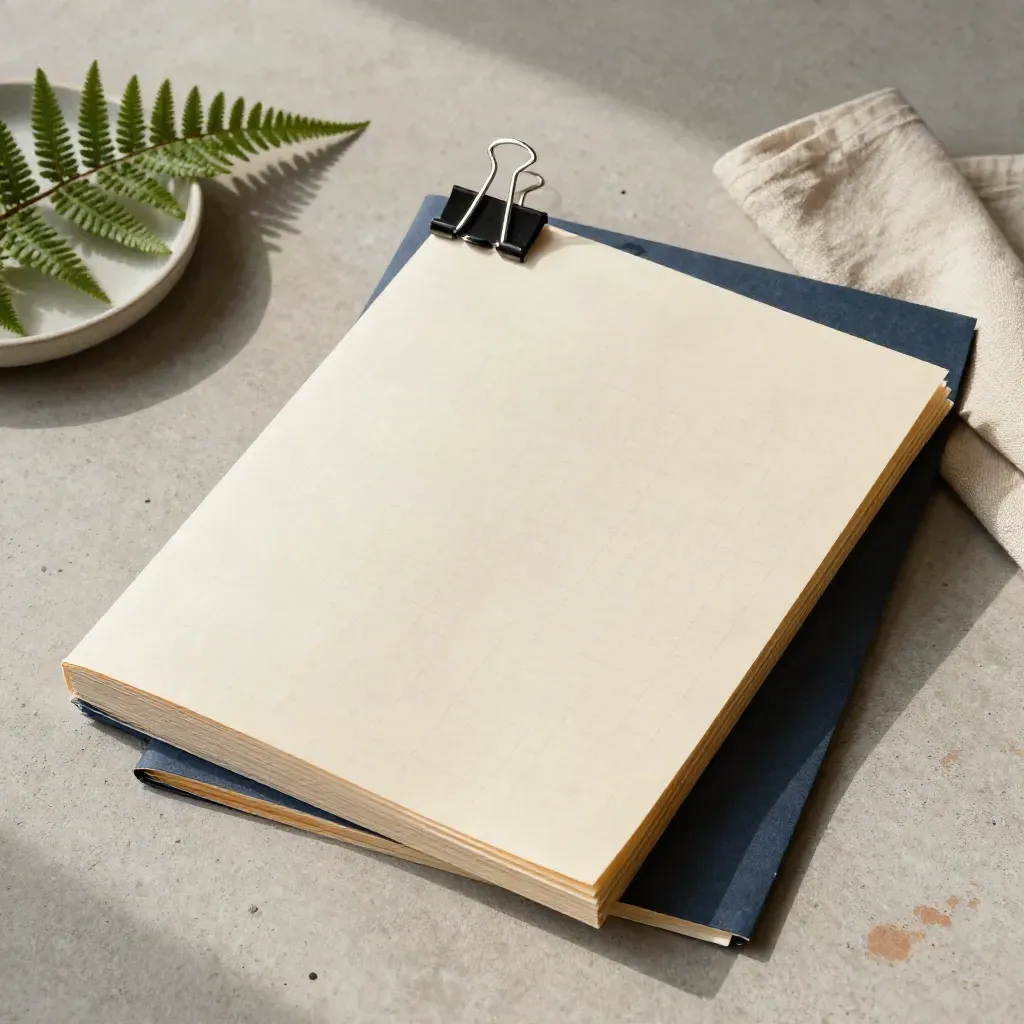 Overhead policy folders with clips, fern, cloth and dish on pale concrete, one corner lifted by a draft.