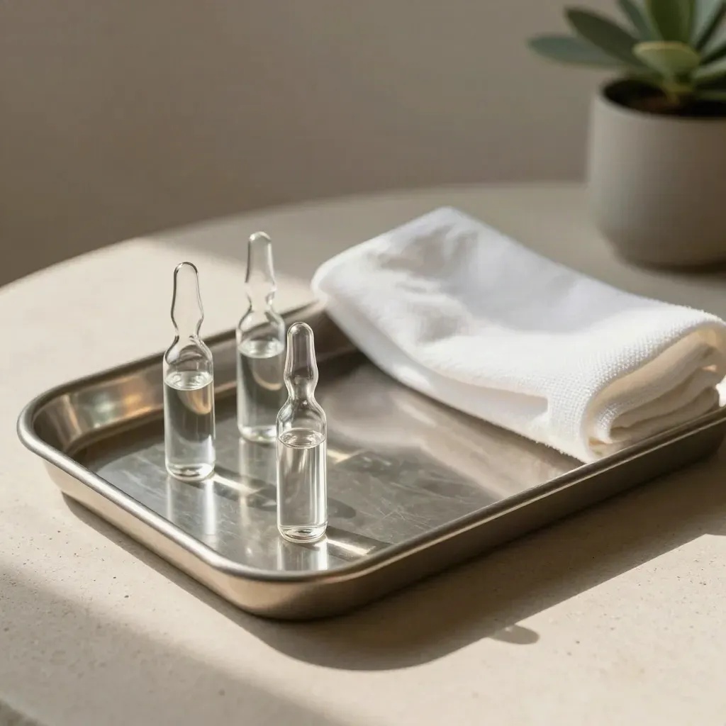 Clinical tray with ampoules, folded cloth, and a small potted plant
