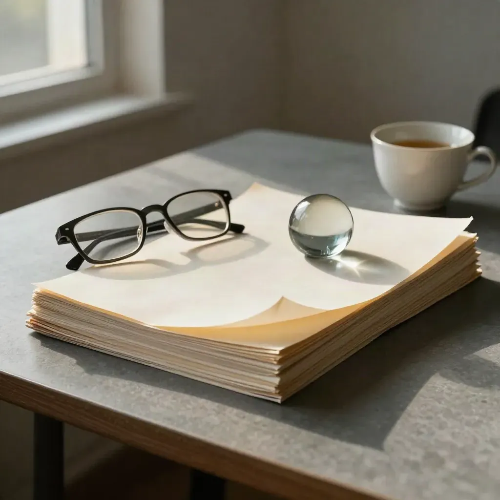 Slate desk still life with study reprints, reading glasses, paperweight and ceramic cup