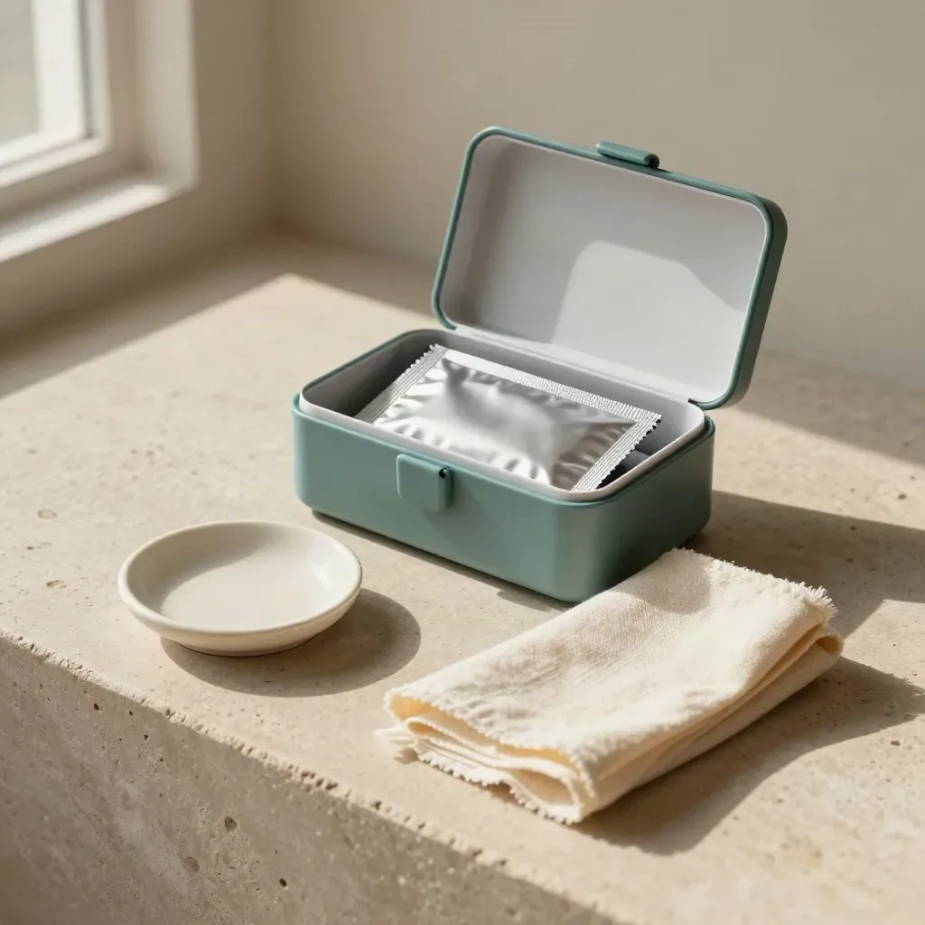 Open naloxone kit with foil packet and cloth on pale stone, top-down with soft daylight.