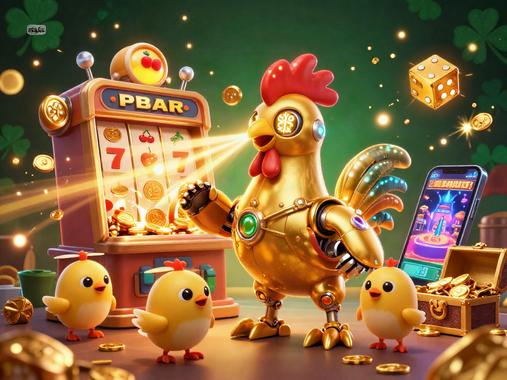 Enjoy thrilling gameplay at pg66 with vibrant casino elements and a golden rooster robot protagonist.