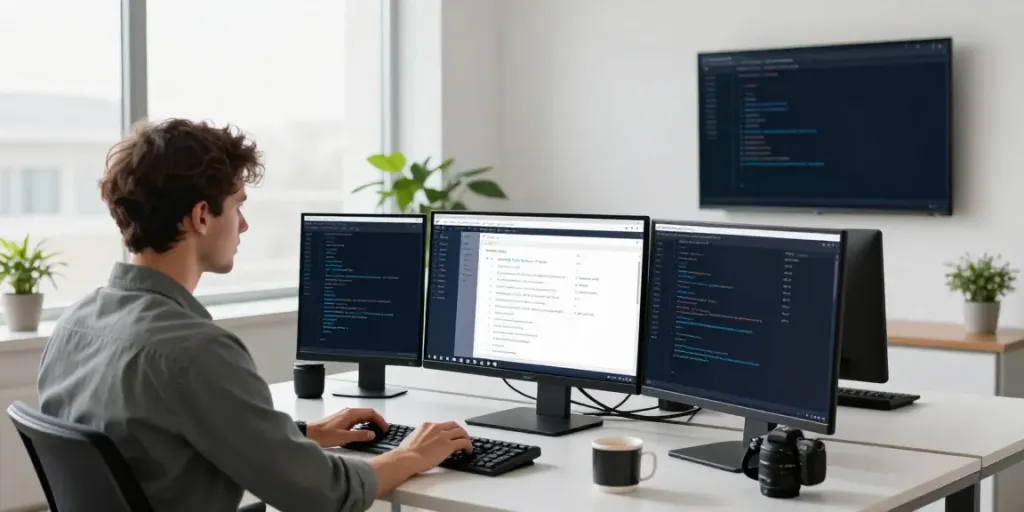 Web developer optimizing instant indexing solutions at a modern workspace