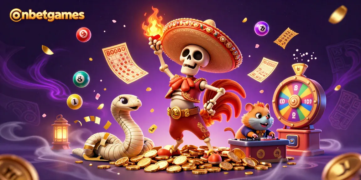 onbetgames vibrant victory scene with colorful lottery elements and characters celebrating wins