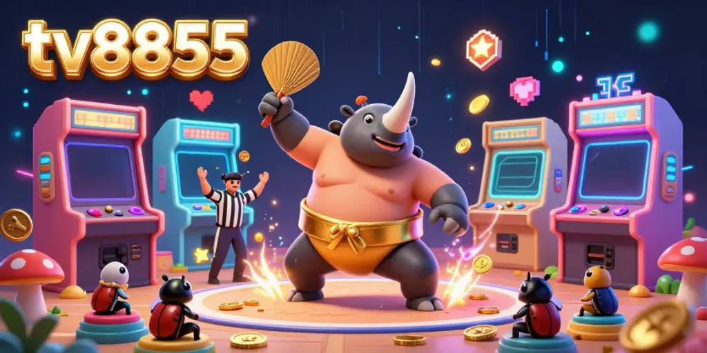 Experience fun with tv8855 featuring a vibrant scene of a beetle sumo champion and arcade elements.