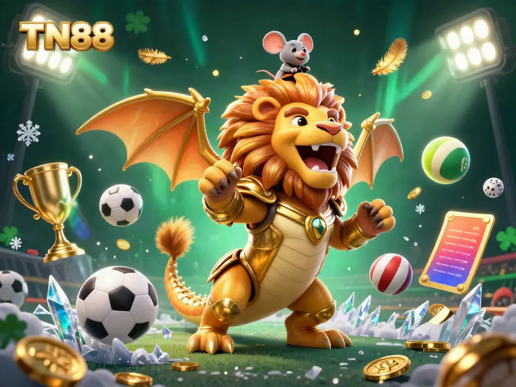 Experience triumph with TN88, featuring a golden chimera and dynamic sports elements in a vibrant casino setting.