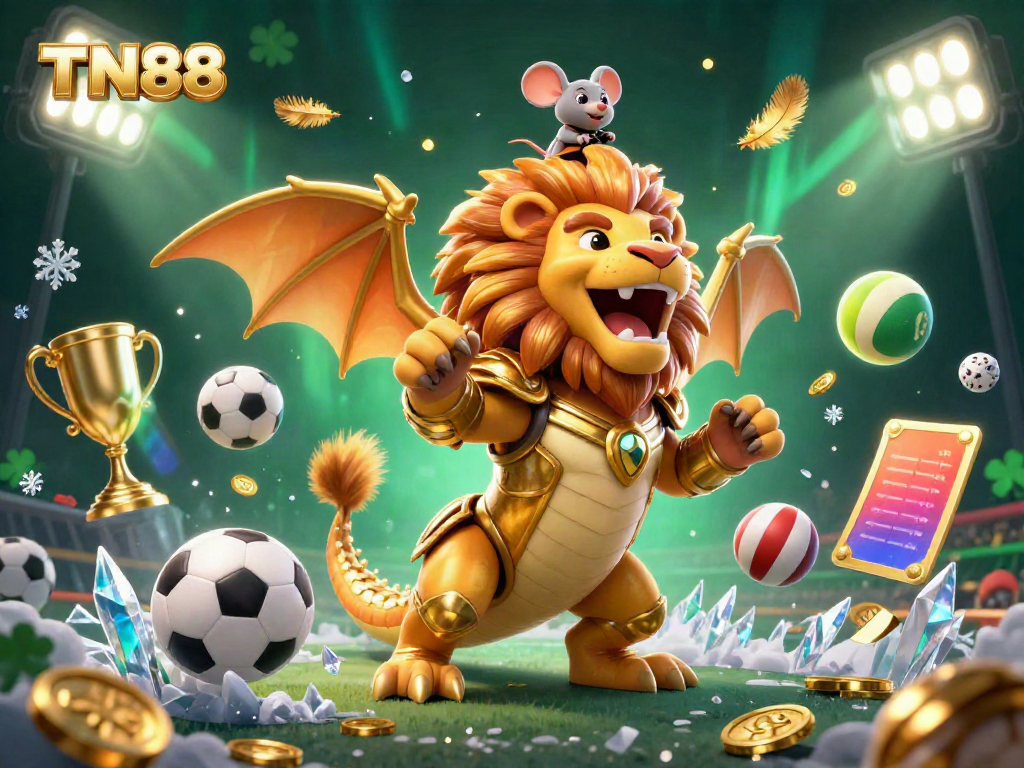 Experience triumph with TN88, featuring a golden chimera and dynamic sports elements in a vibrant casino setting.