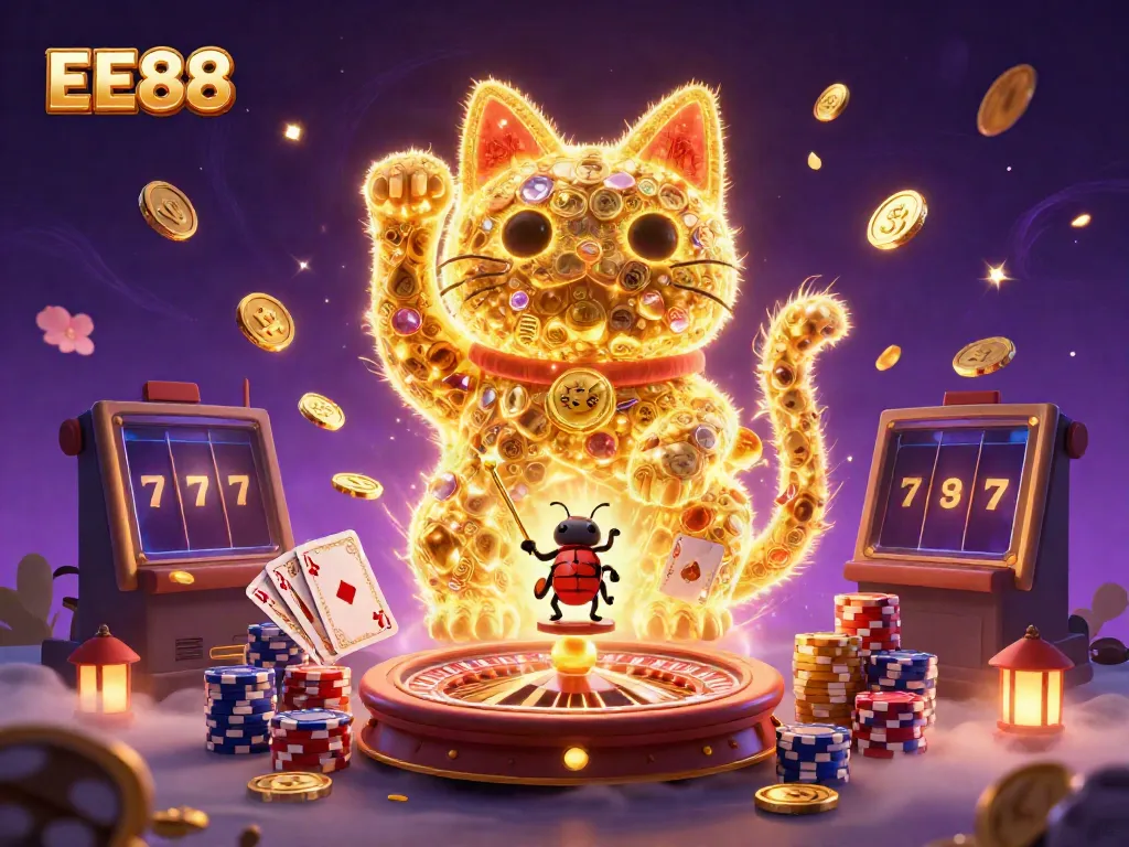 Engage with the vibrant world of EE88, featuring a golden lucky cat and casino symbols.
