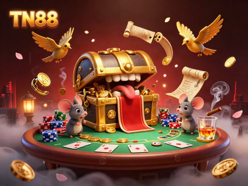 Engaging scene luring players to TN88 with golden treasures, poker elements, and vibrant casino atmosphere.