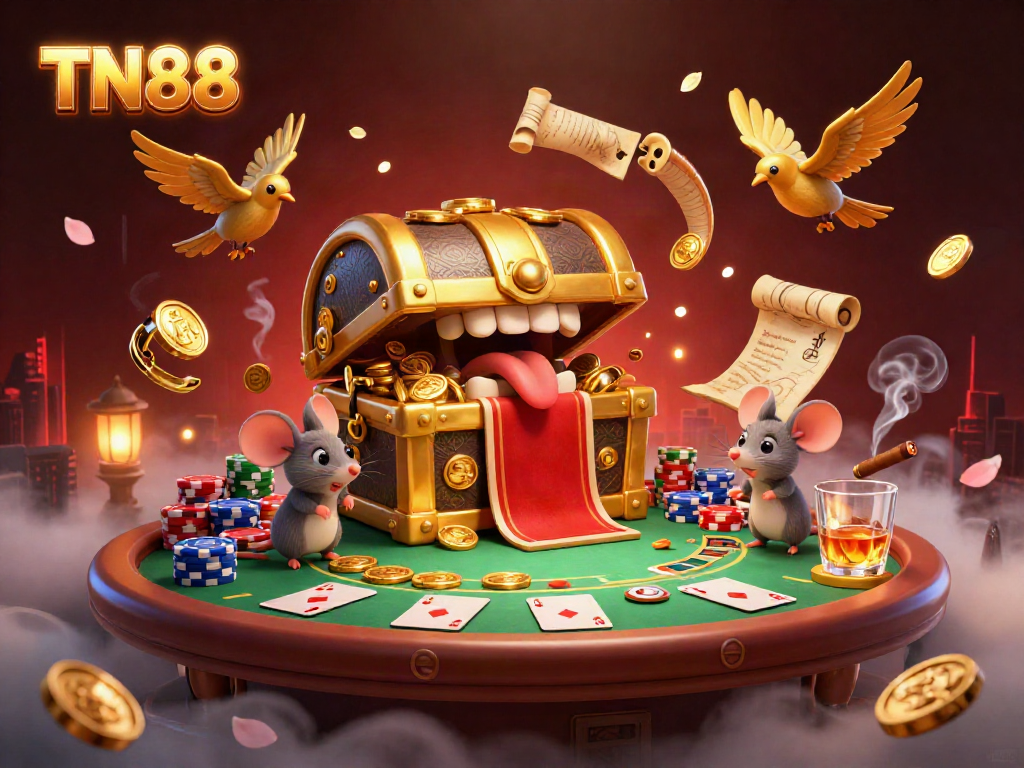 Engaging scene luring players to TN88 with golden treasures, poker elements, and vibrant casino atmosphere.