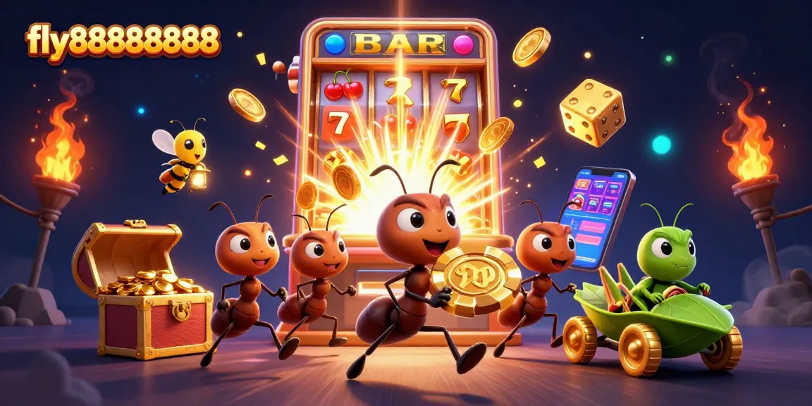 Experience the excitement of fly88888888 as charming ants steal a giant poker chip amidst a jackpot explosion.