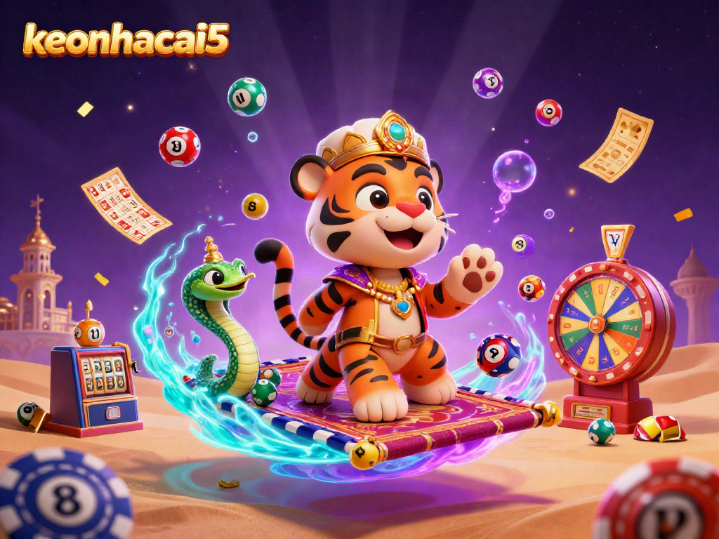 Experience keonhacai5 with vibrant lottery elements and a magical scene, enhancing your gaming adventure.