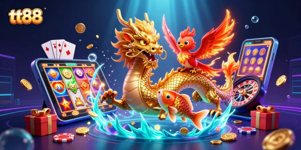 Win big with tt88 as the fierce dragon, phoenix, and koi fish bring luck and fortune.