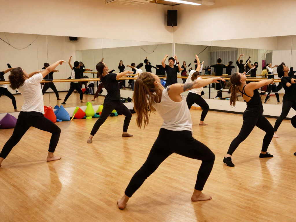 Kinetic Synergy Dance Company dancers in a vibrant studio practicing choreography, showcasing energy and creativity.
