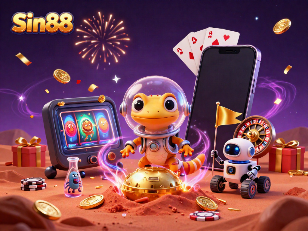 Celebrate wins at Sin88 with vibrant visuals of a Martian gecko exploring a golden casino.