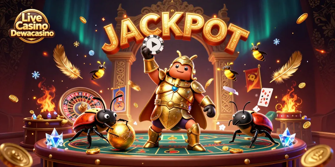 Engage with Live Casino Dewacasino featuring a triumphant hercules beetle at a vibrant gaming scene.