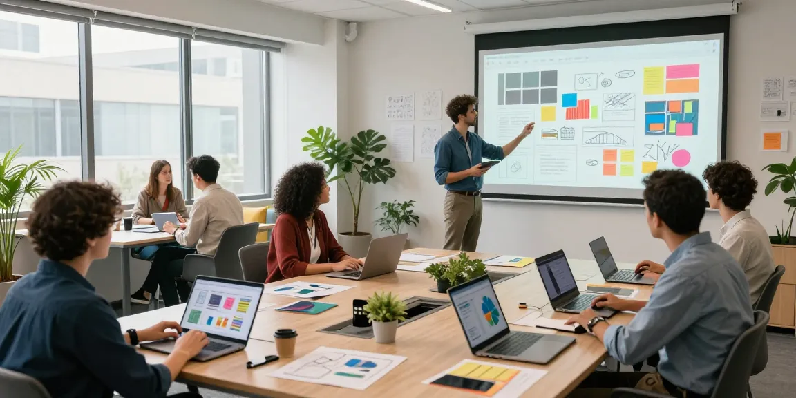 Team collaboration using google mixboard on a creative canvas in an inspiring workspace.