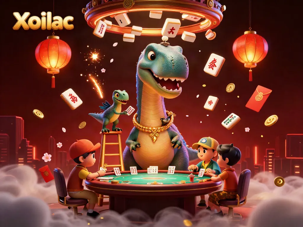 Xoilac features a vibrant casino scene with a giant brontosaurus and clever raptor dealer, showcasing dynamic gambling elements.