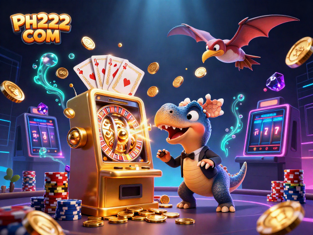 Experience PH222 COM with a pachycephalosaurus winning on a slot machine amidst a vibrant casino scene.