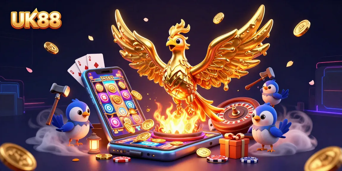 Experience thrilling wins at UK88 with a dynamic 3D casino artwork showcasing rich gaming elements.