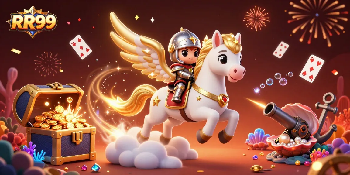 Experience the thrill of RR99's top casino gaming, with a heroic knight and celestial horse amid treasure.