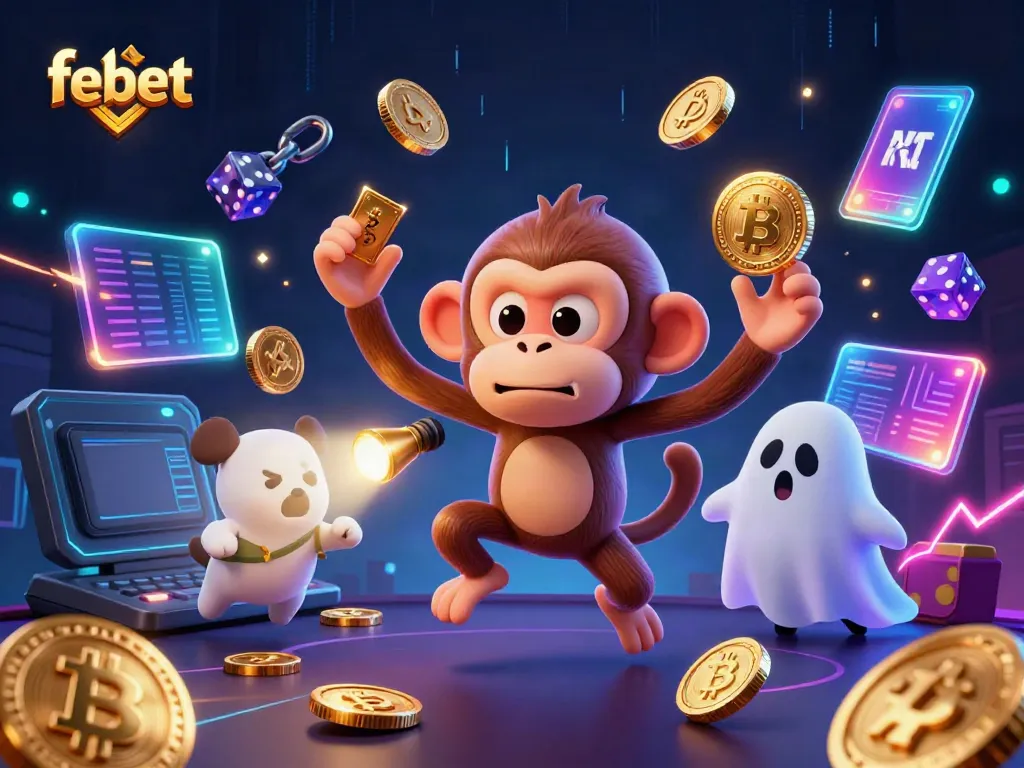 Experience the excitement of febet with a lively scene including a ghostly monkey juggling golden coins and a curious puppy in a haunted casino.