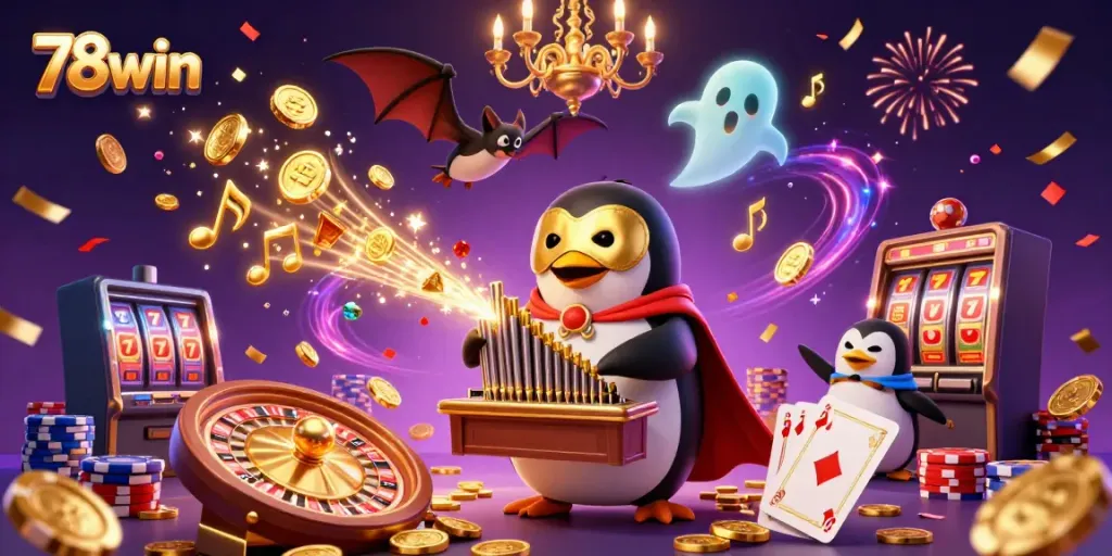 Experience thrilling moments with 78win: a vibrant casino scene featuring animated characters and games.