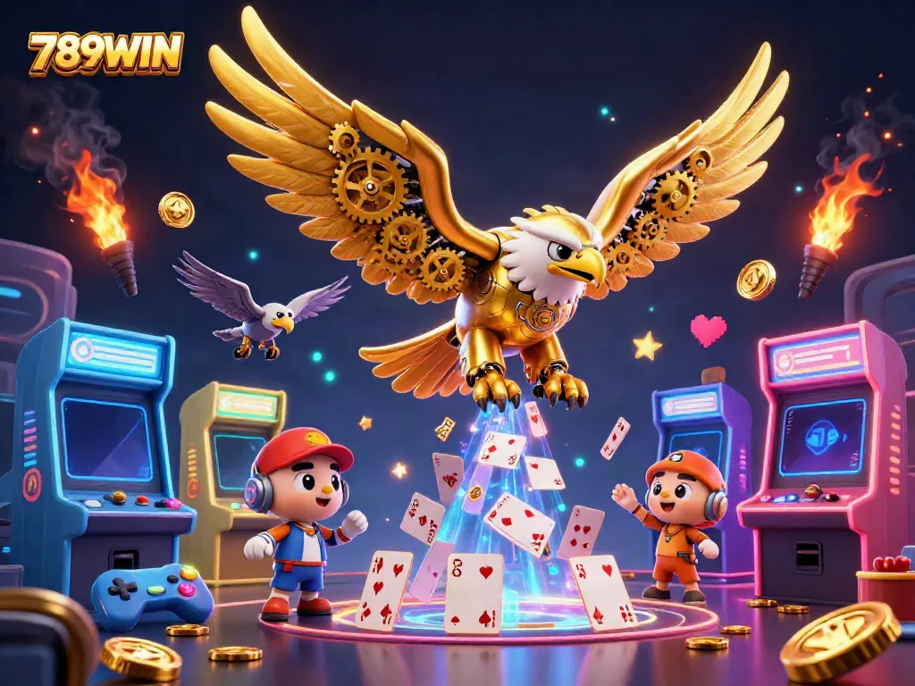 Experience thrilling gameplay with 789WIN's cybernetic eagle amidst a vibrant casino world.