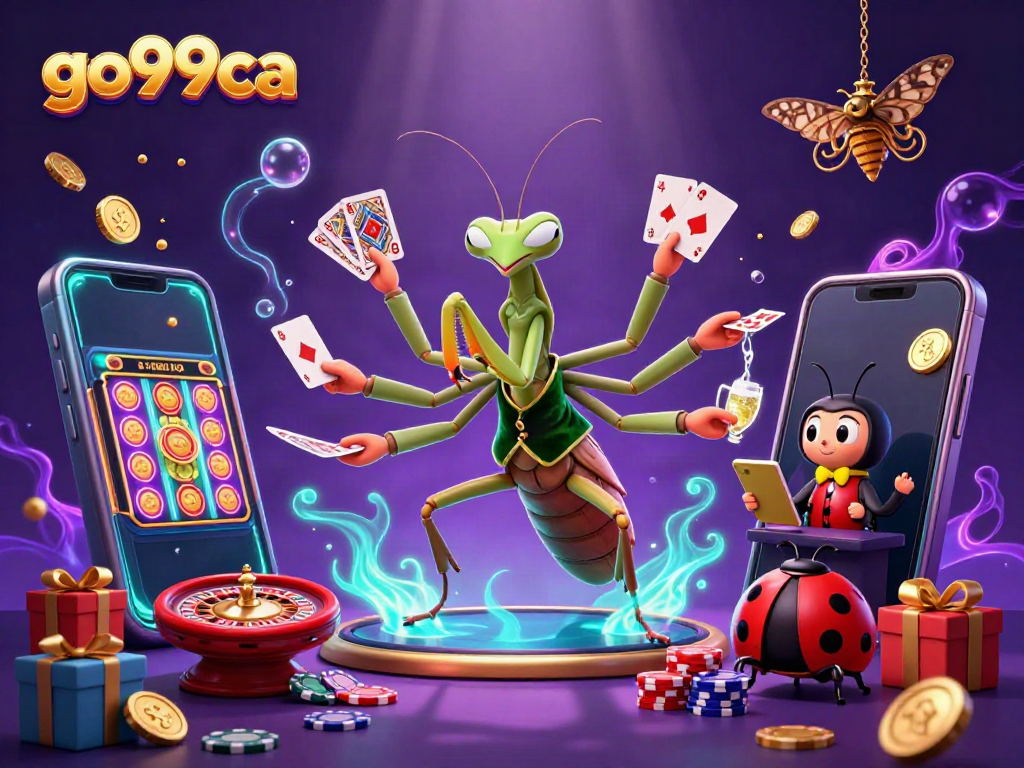Engage with go99ca at a vibrant online casino, featuring a unique praying mantis dealer pouring champagne.