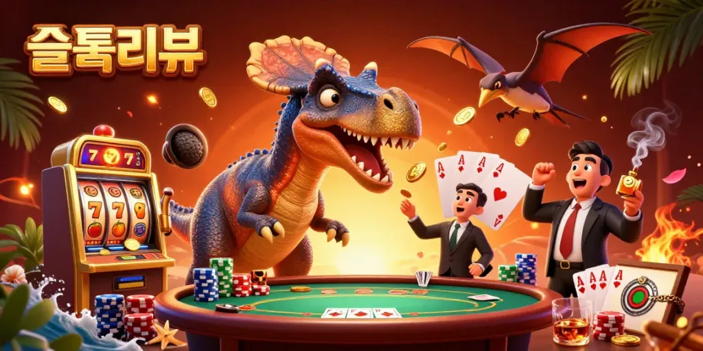 Experience the exciting world of 슬롯리뷰 with a dinosaur-themed slot game scene featuring dynamic characters and elements.