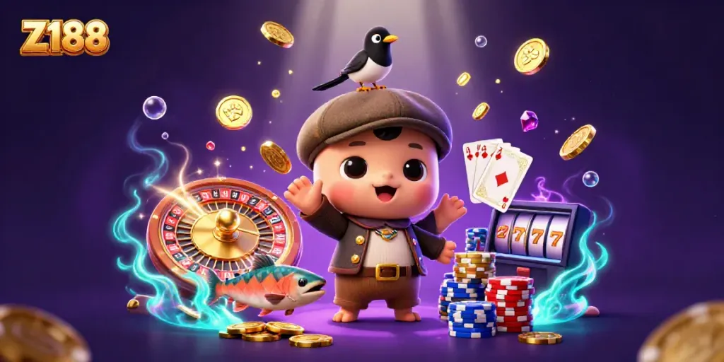 Z188's dynamic casino scene featuring a playful baby Nessie and friends surrounded by cascading coins and gaming elements.