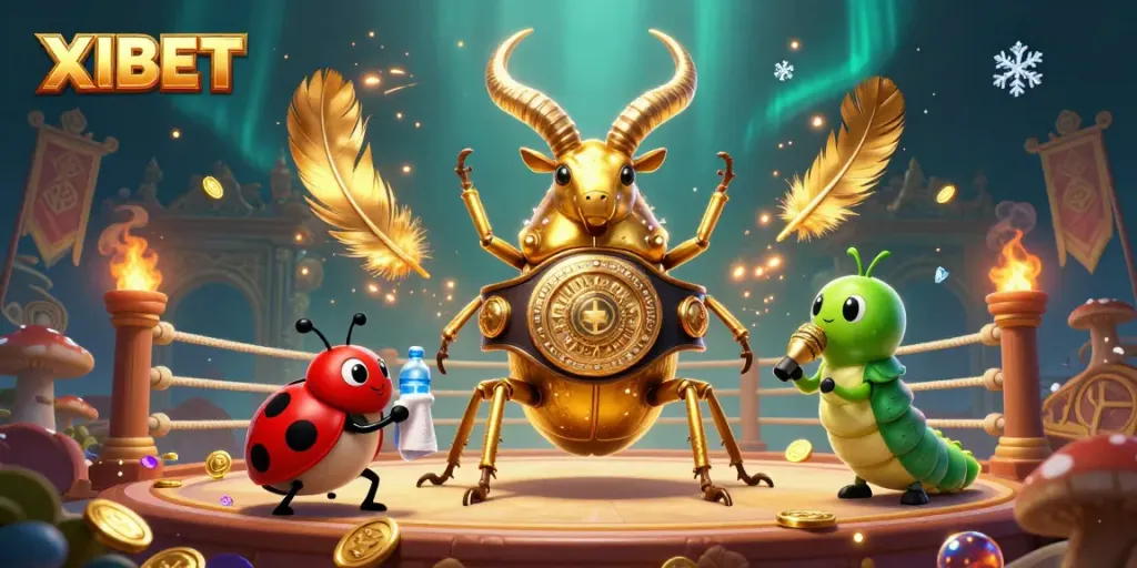 XIBET showcases a vibrant 3D illustration featuring heroic beetles and gambling elements, highlighting competitive spirit.