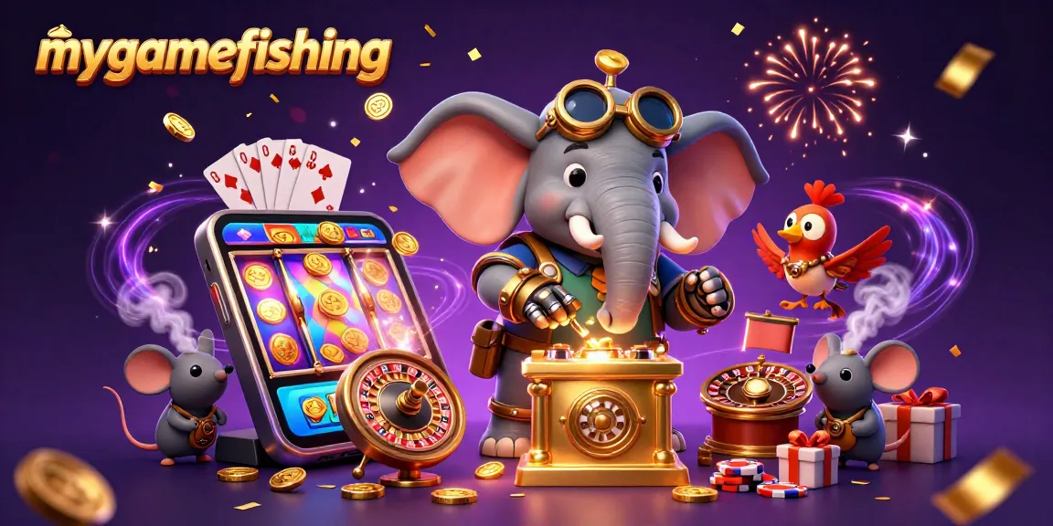 Engage in mygamefishing with a dynamic 3D scene of an elephant engineer at a slot machine.