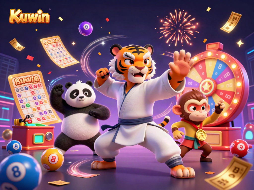 Kuwin showcases vibrant lottery dynamics with a kung fu tiger, panda, and monkey in action.