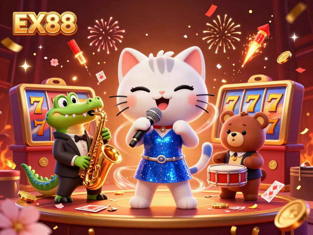 Engage with EX88's lively 3D casino scene featuring dynamic characters and vibrant visuals.